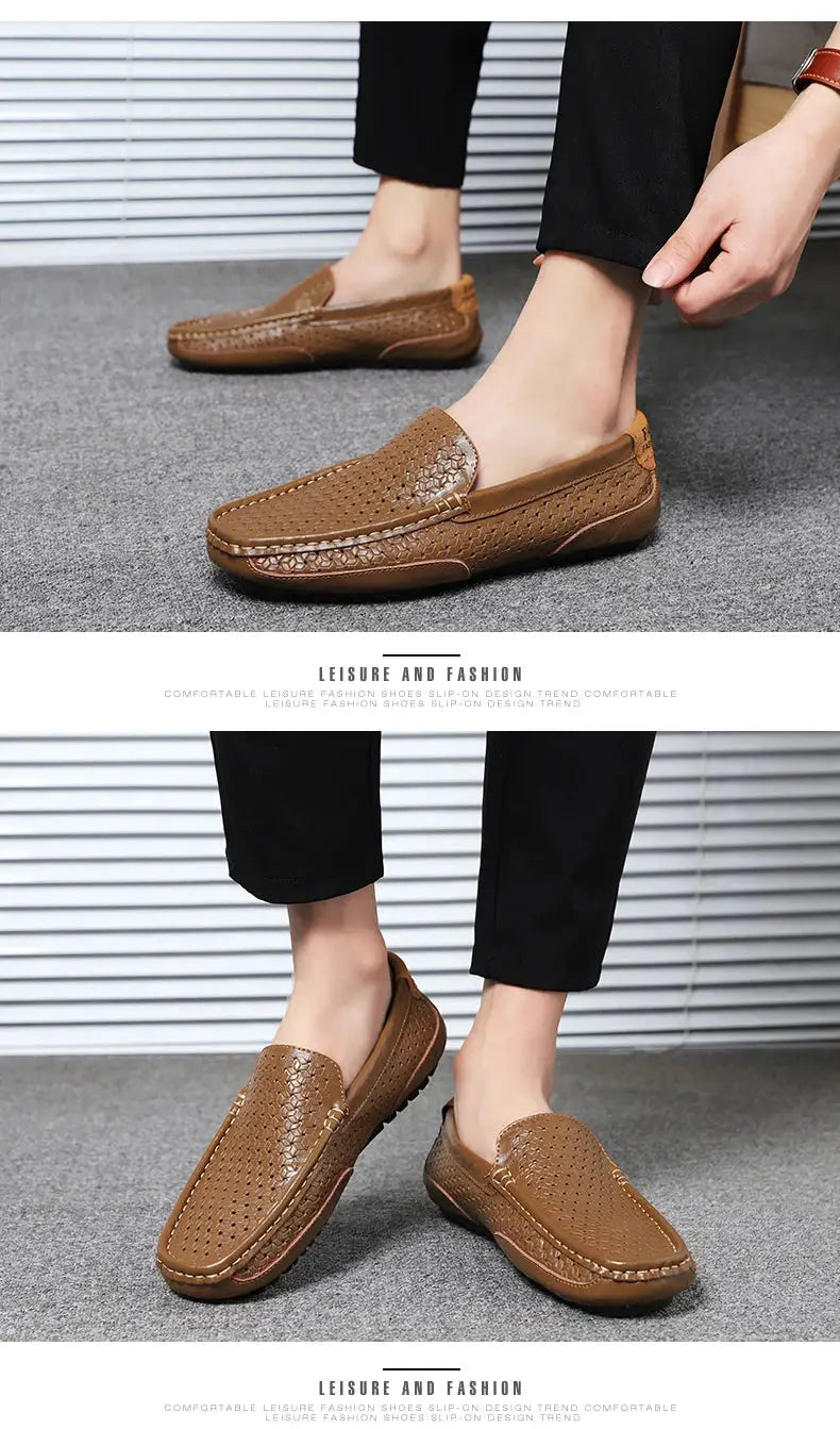 Men's driving loafers brown genuine leather slip-on with perforated hollow-out design, Simples Market