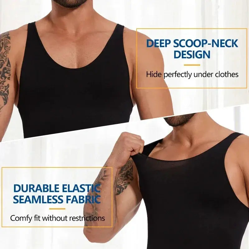 Men's sleeveless full-body shaper vest by Simples Market; black seamless fabric with tummy control.