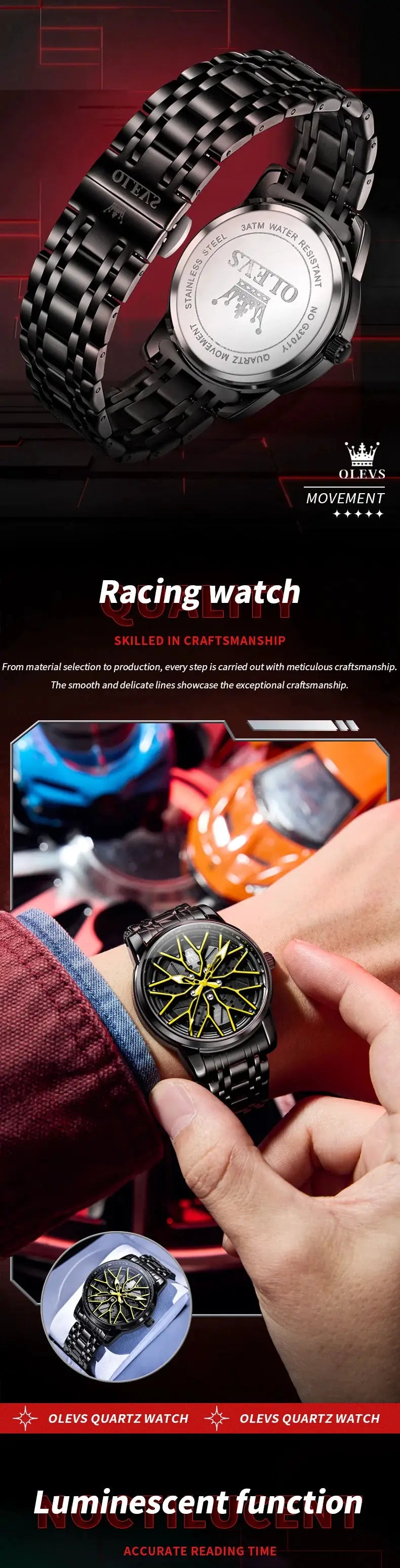 OLEVS men's stainless steel watch with black bracelet and yellow skeleton dial, 3ATM water resistant