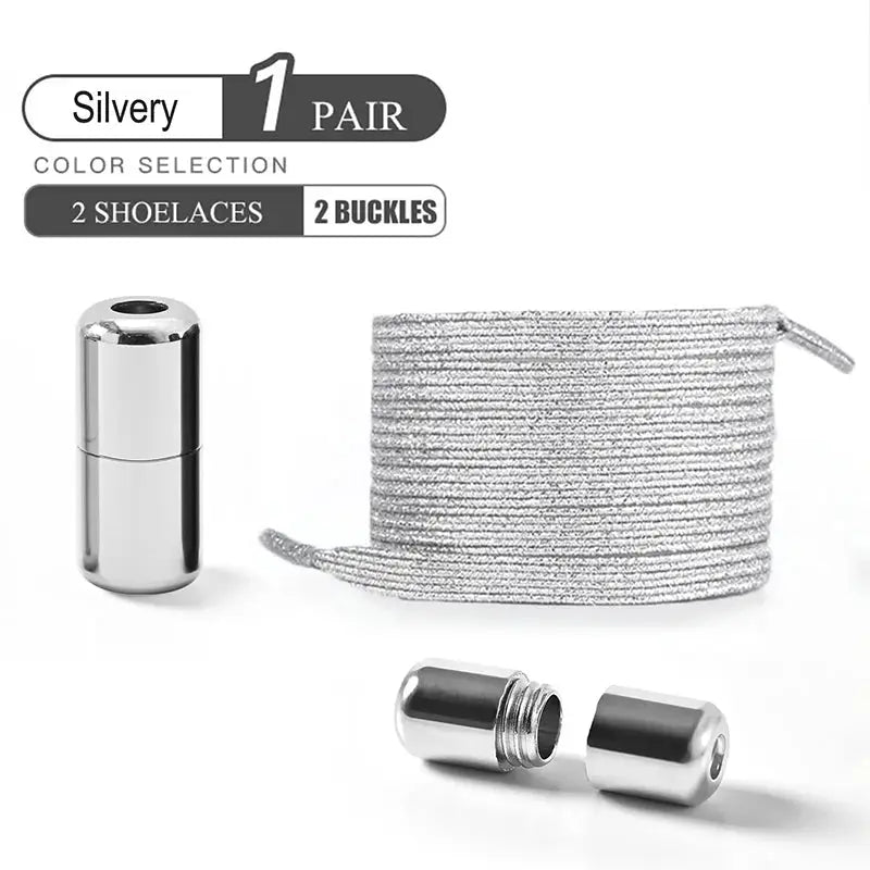 No-tie elastic shoelace set; Simples Market, silver braided laces with two metal end caps