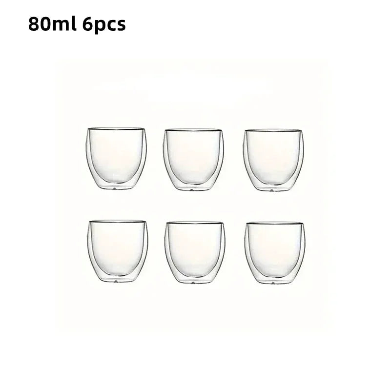 ClearGlass Double Wall Glass Cups Set of 6 80ml Insulated Handsafe Mugs for Coffee Tea Beer