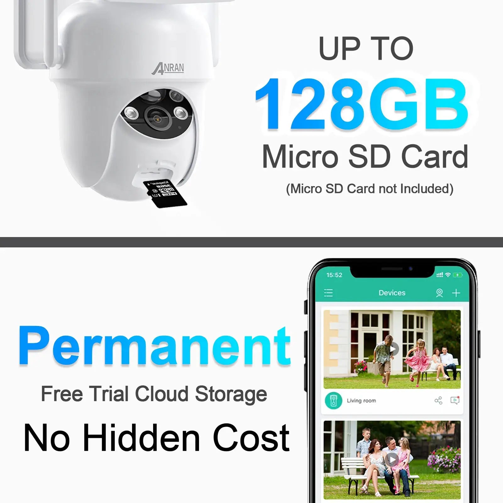 ANRAN white solar security camera with micro SD slot; 128GB SD card label (SD card not included)