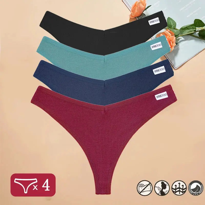 4-pack waffle cotton women's thong underwear set with FINETOO tags in black, teal, navy, and burgundy.