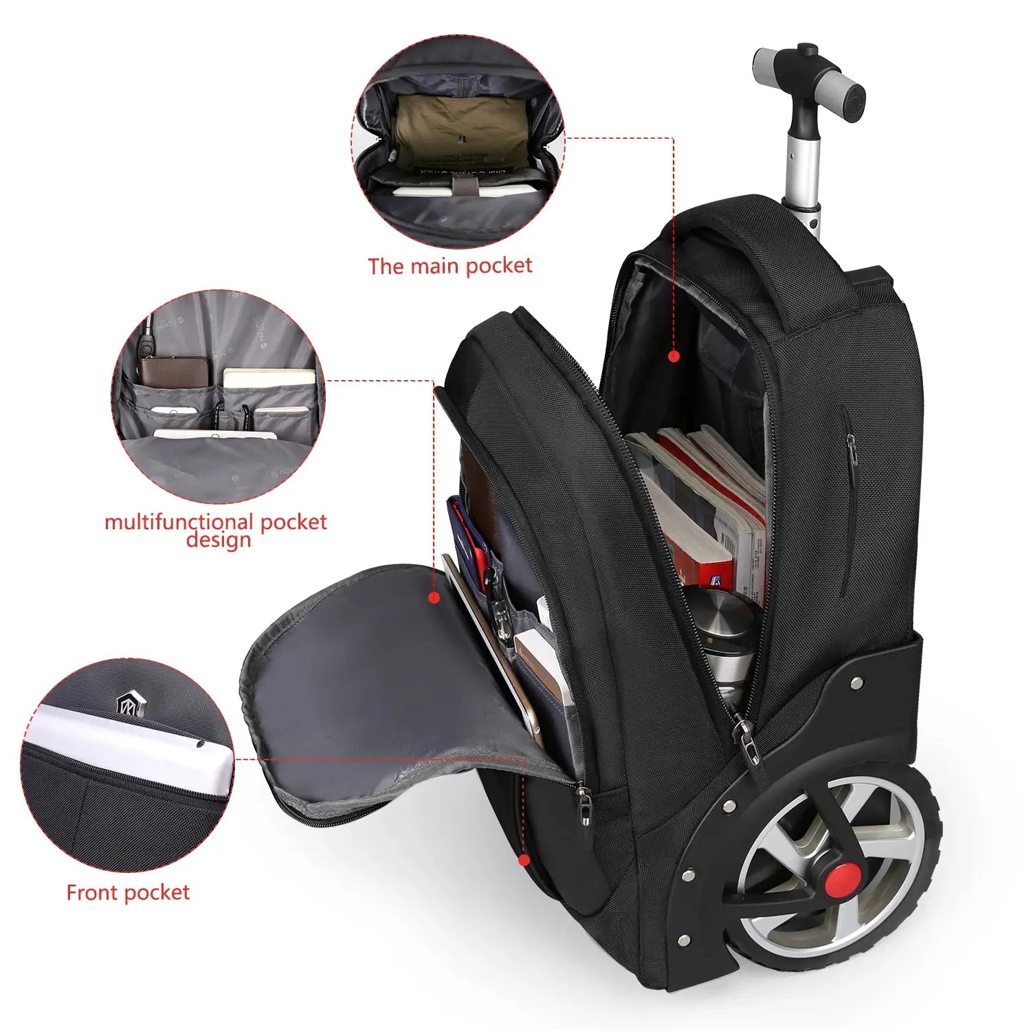 Simples Market 20-inch rolling luggage backpack in black with wheels and multiple pockets
