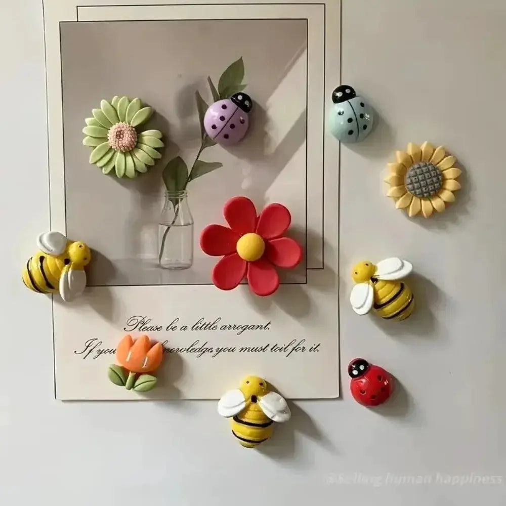 10pc refrigerator magnets set by Simples Market; colorful bees, sunflowers, flowers and ladybugs on a wall display