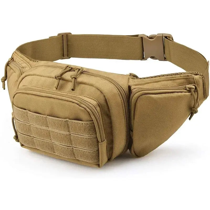 Tactical waist pack by Simples Market in tan with MOLLE panel and multiple zip pockets