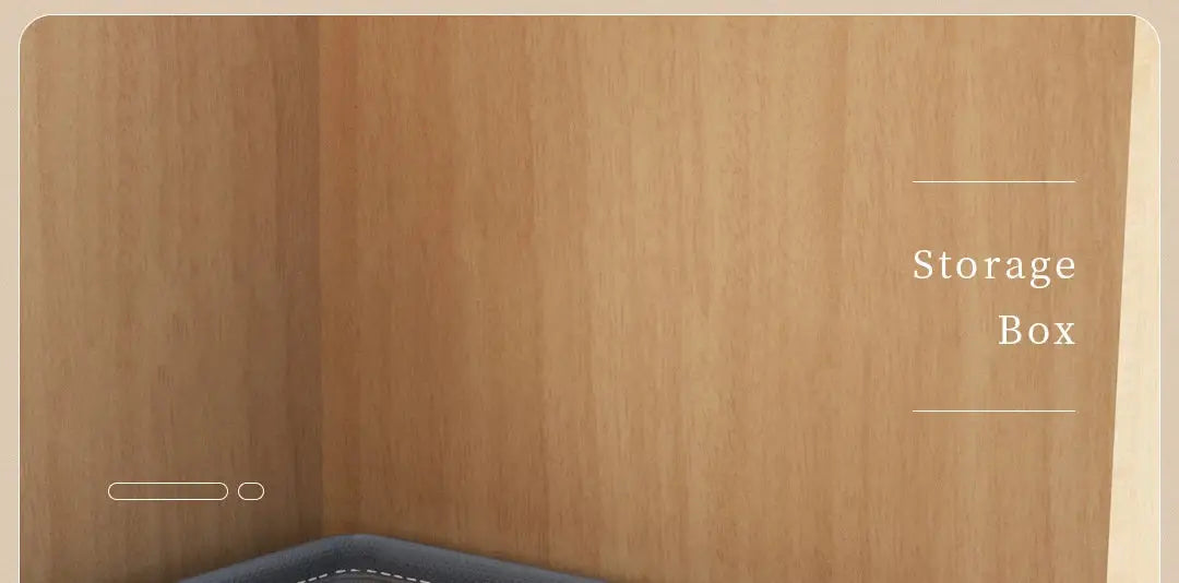 Storage box organizer in grey fabric with white stitching inside a wooden wardrobe cabinet