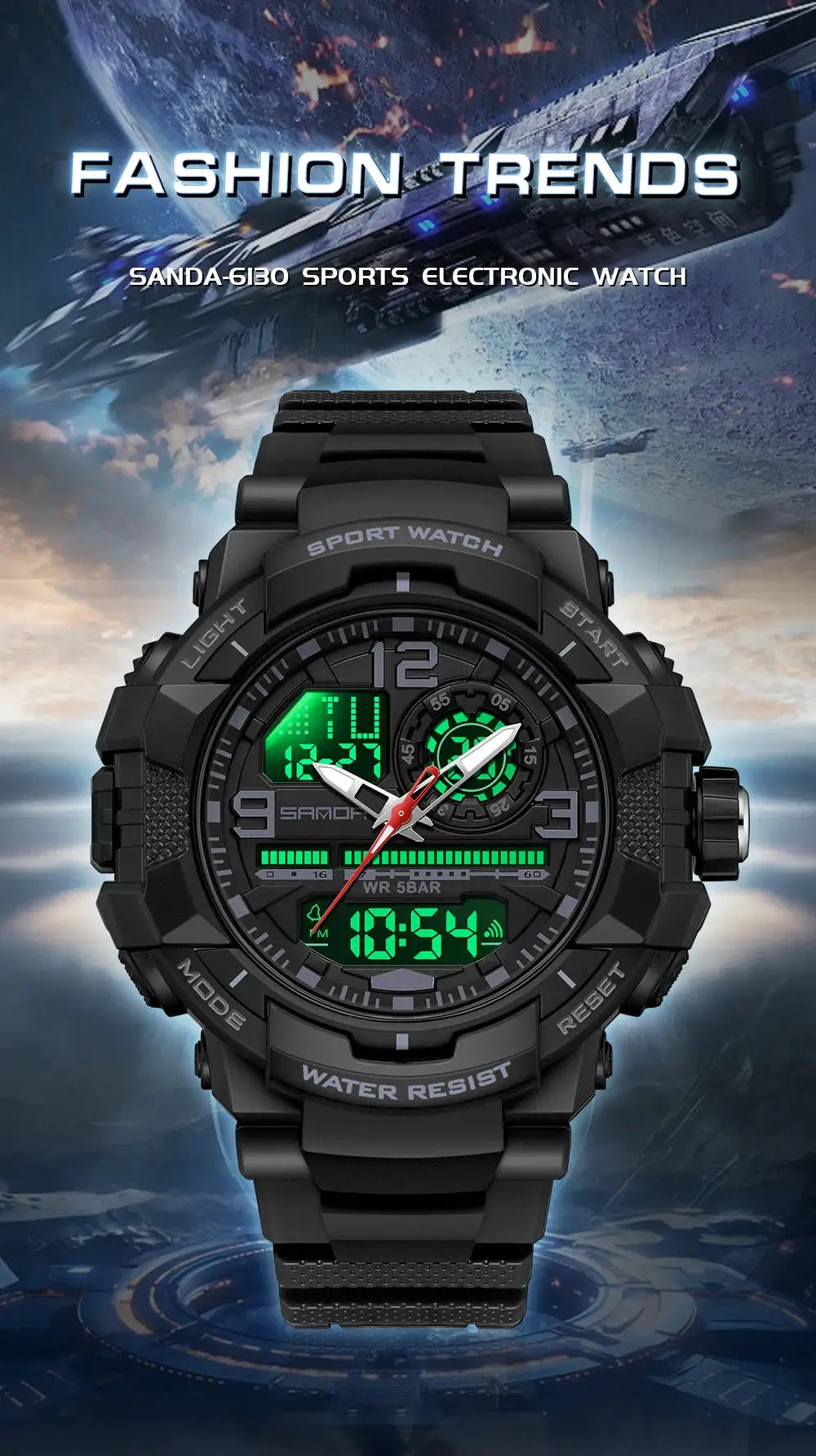 SANDA 6130 dual-display men's sport watch, black rugged waterproof with green LED digital display
