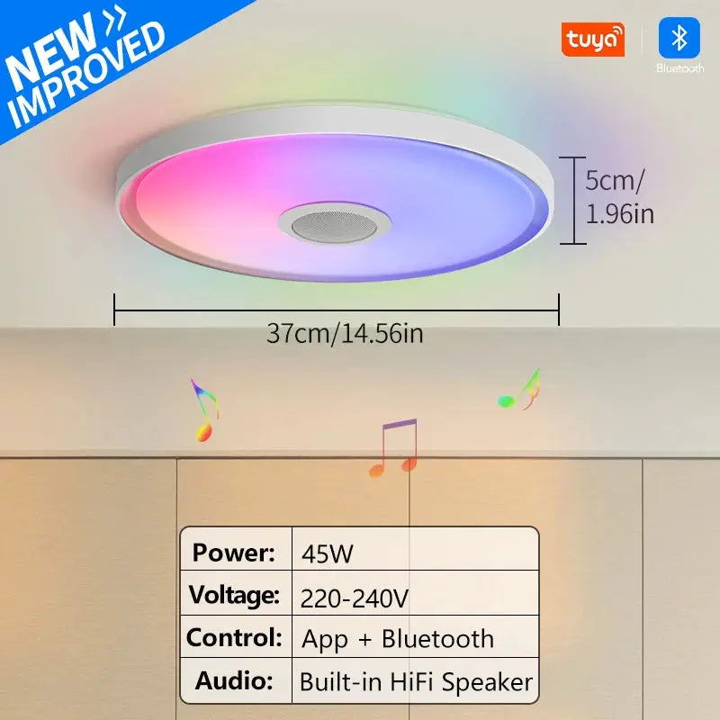 Simples Market LED smart ceiling lamp with RGB lighting, app/Bluetooth control, 45W, 37 cm diameter, built-in speaker.