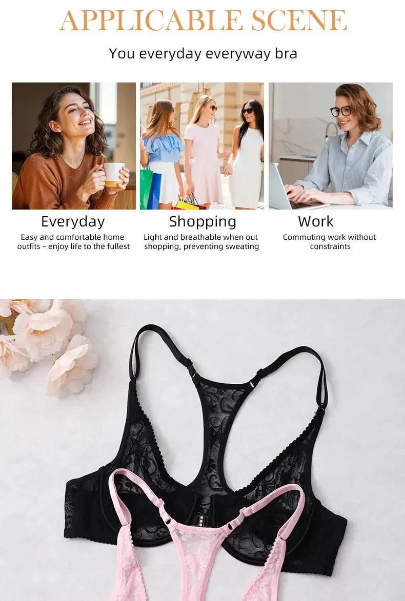 Two-piece lace bra set in black and pink with adjustable straps, laid flat on a light surface.