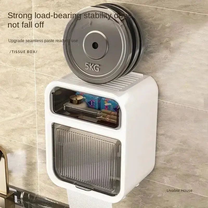 BrightNest Wall Mounted Toilet Tissue Box With Paper Drawer And Double Layer Storage Rack Space Saving Bath Organizer