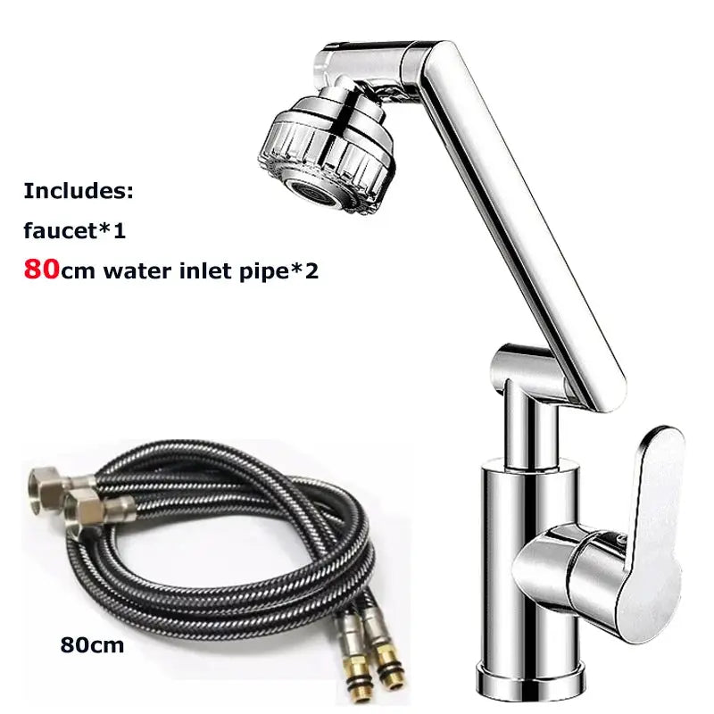 Simples Market chrome dual-mode rotating faucet with robotic arm for basin, includes faucet and two 80cm inlet hoses