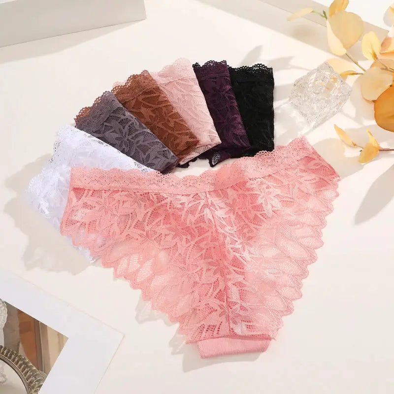 Lace hollow-out briefs for women in assorted colors; low-waist floral lace lingerie