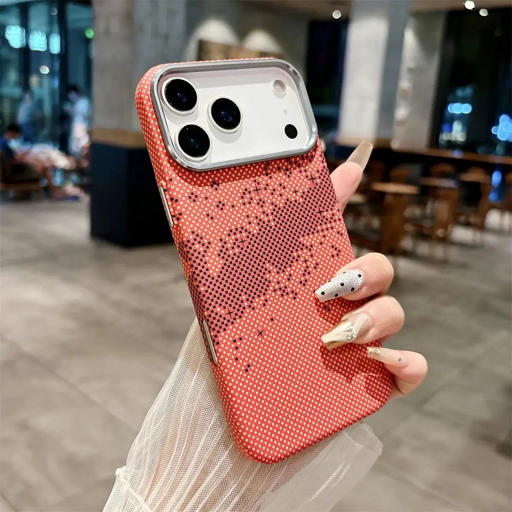 Luxury Kelvar carbon fiber phone case for iPhone 17 Pro Max in red, ultra-thin hard case with magnetic wireless charging.