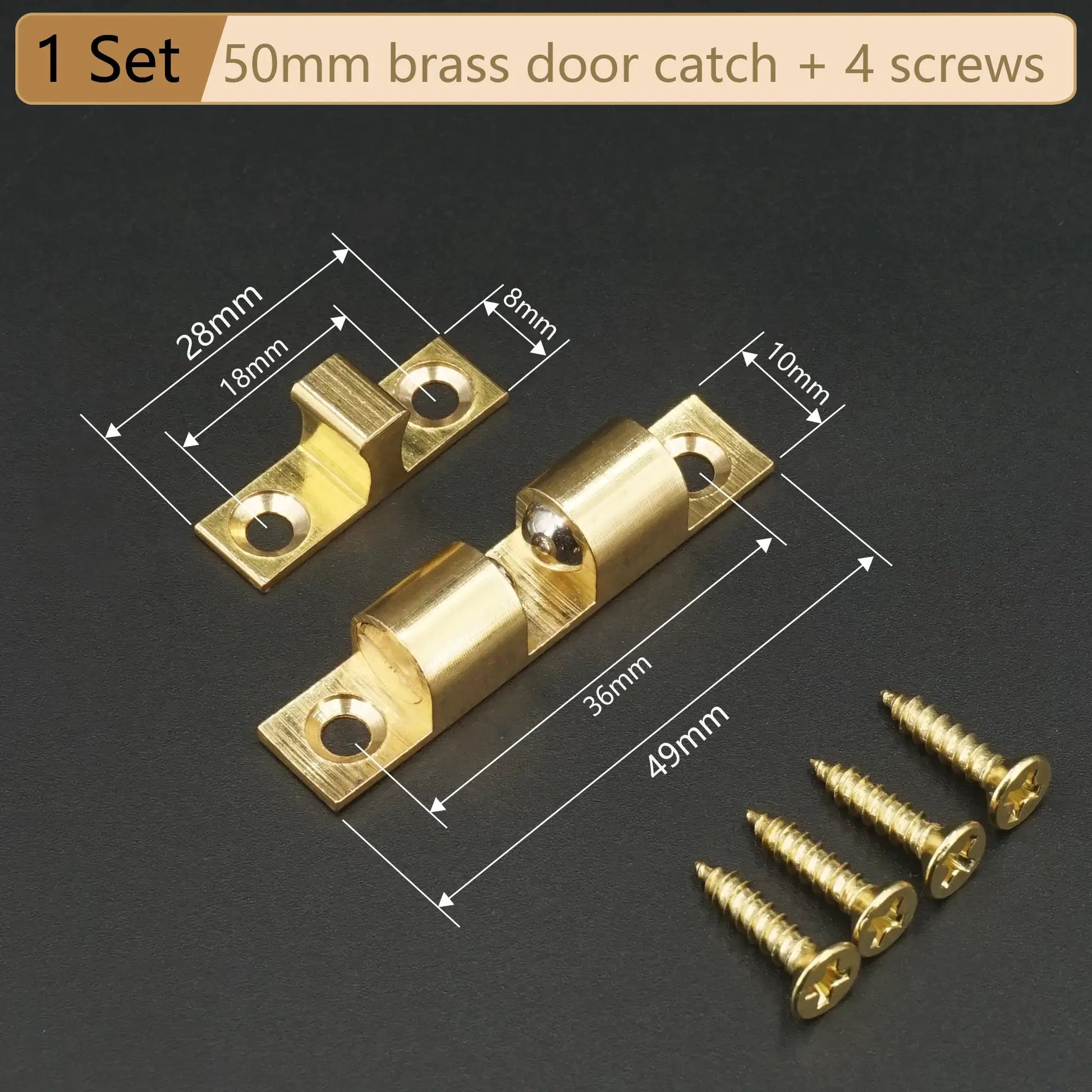 Cabinet door catch set in solid brass with adjustable spring ball latch; includes screws, 3 pieces (Simples Market)