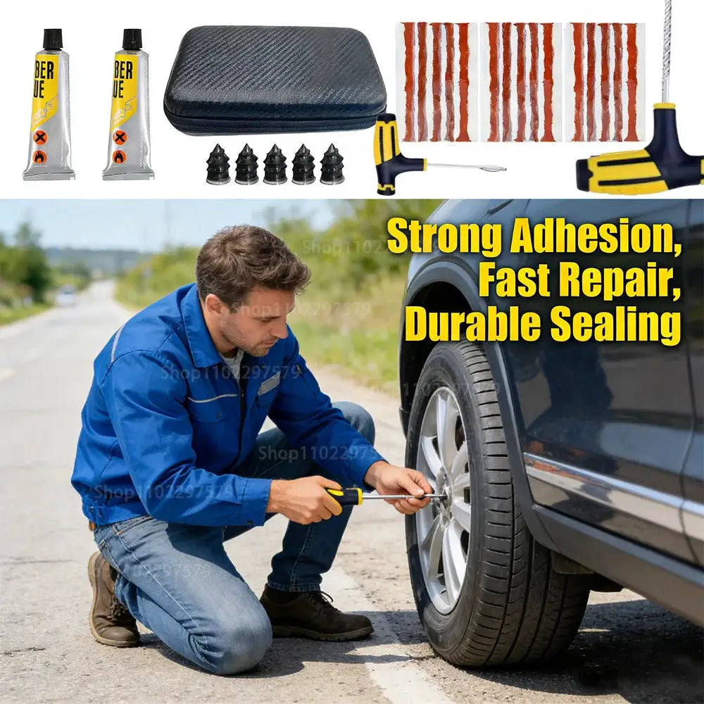 Simples Market Tire Repair Kit with two glue tubes, rubber strips, plugs in case; man repairing car tire.