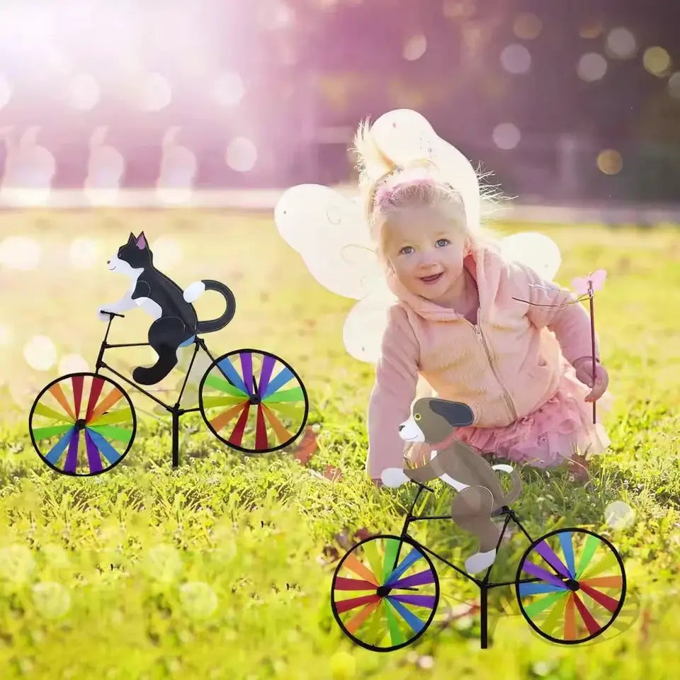 Simples Market animal riding windspinners garden decor set with two rainbow-wheeled bicycles and standing poles