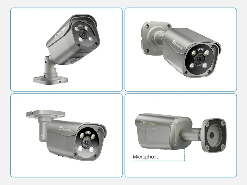 Techage outdoor security cameras (4) metal housings with wall/ceiling mounts, showing two-way audio microphone features