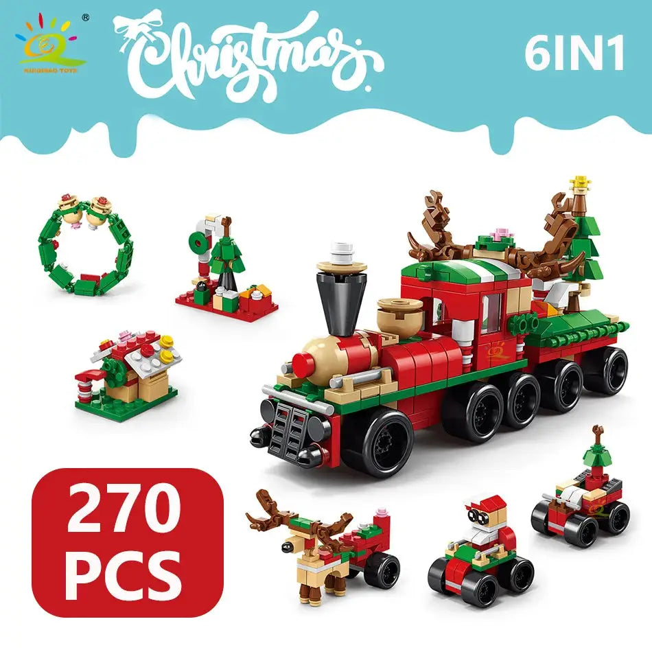 HUIQIBAO 6 In 1 Christmas Building Blocks Set Elk Deer Santa Claus Snow House Xmas Tree Bricks Toys for Children Gifts