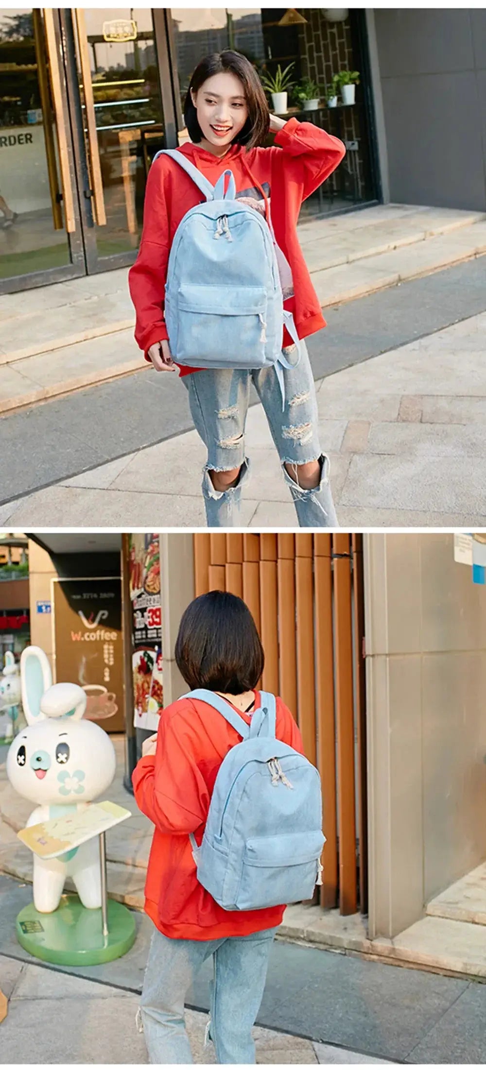 Personalized corduroy student backpack in light blue by Simples Market, unisex campus bag.