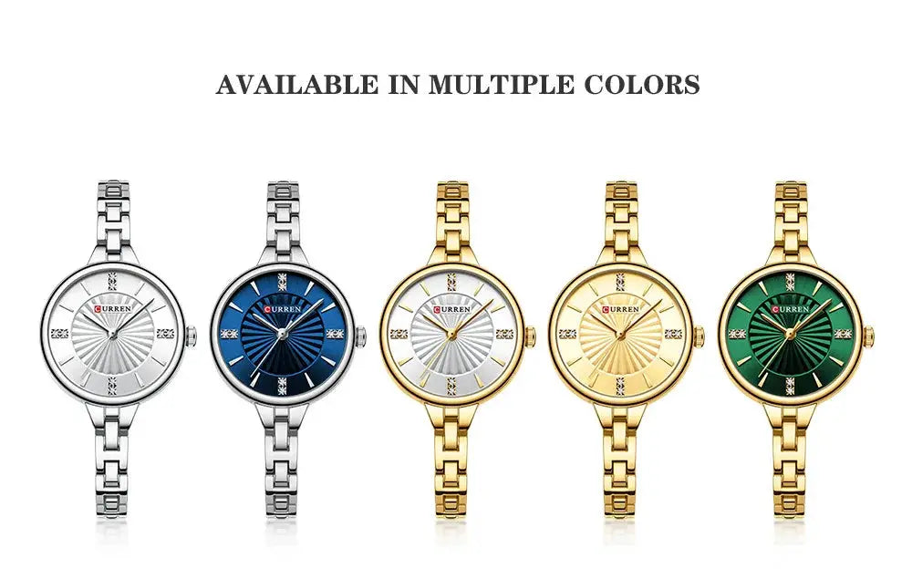 CURREN 9097 women's quartz watches; five stainless steel bracelet watches in silver, blue, white, gold and green dials