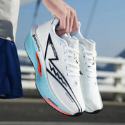Simples Market white mesh running shoes, breathable lightweight pair with blue gradient sole.