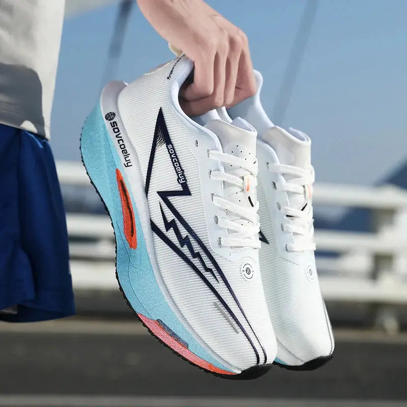Simples Market white mesh running shoes, breathable lightweight pair with blue gradient sole.