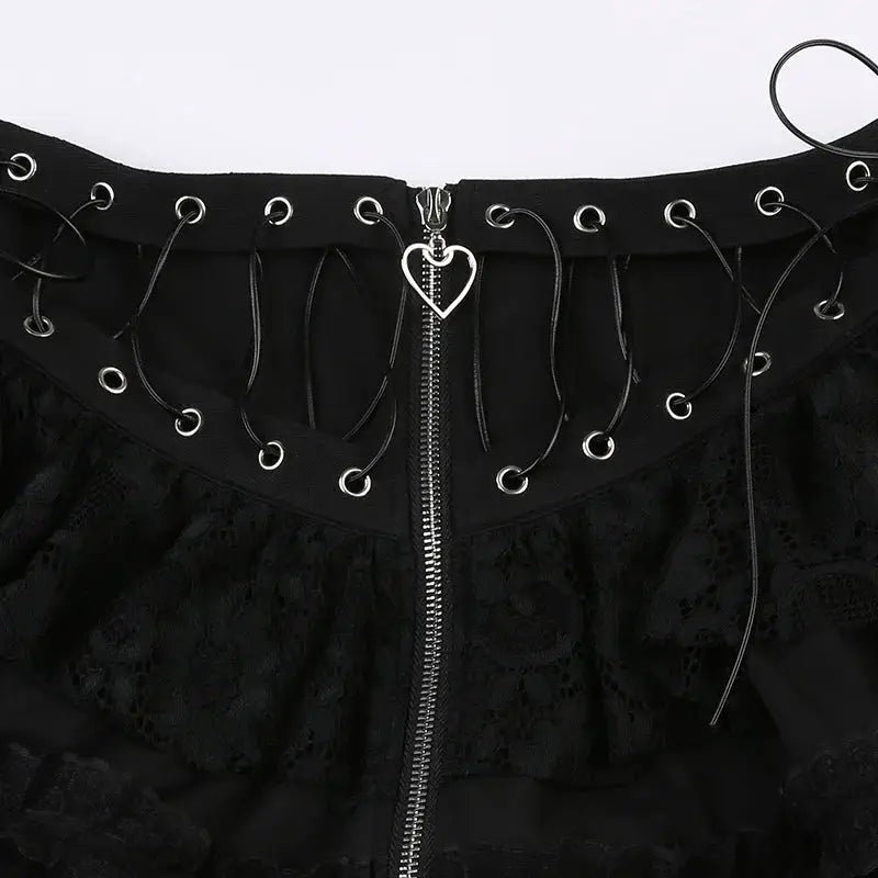 Gothic skater mini skirt by Simples Market, black lace with front zipper, waist lacing, heart zipper pull.