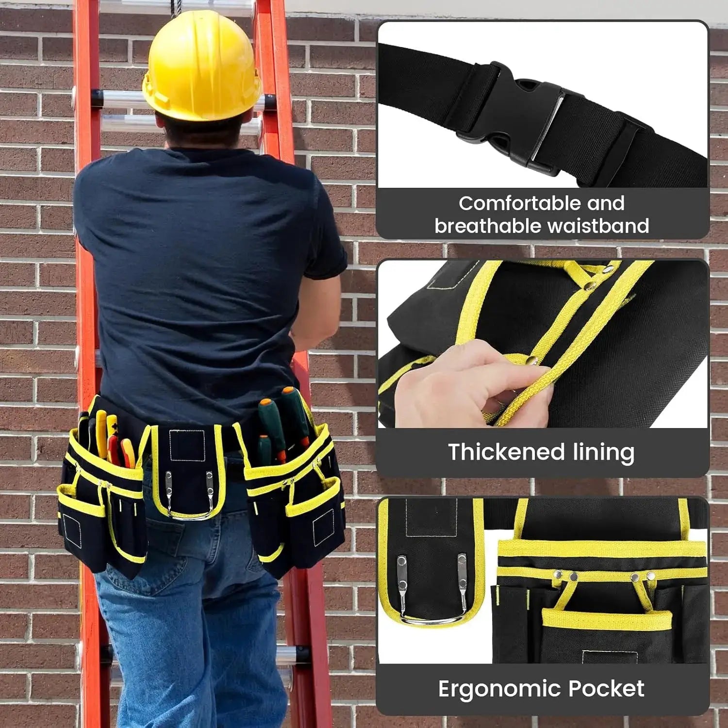 Tool belt bag by Simples Market; black with yellow trim, adjustable waist belt and multiple tool pouches