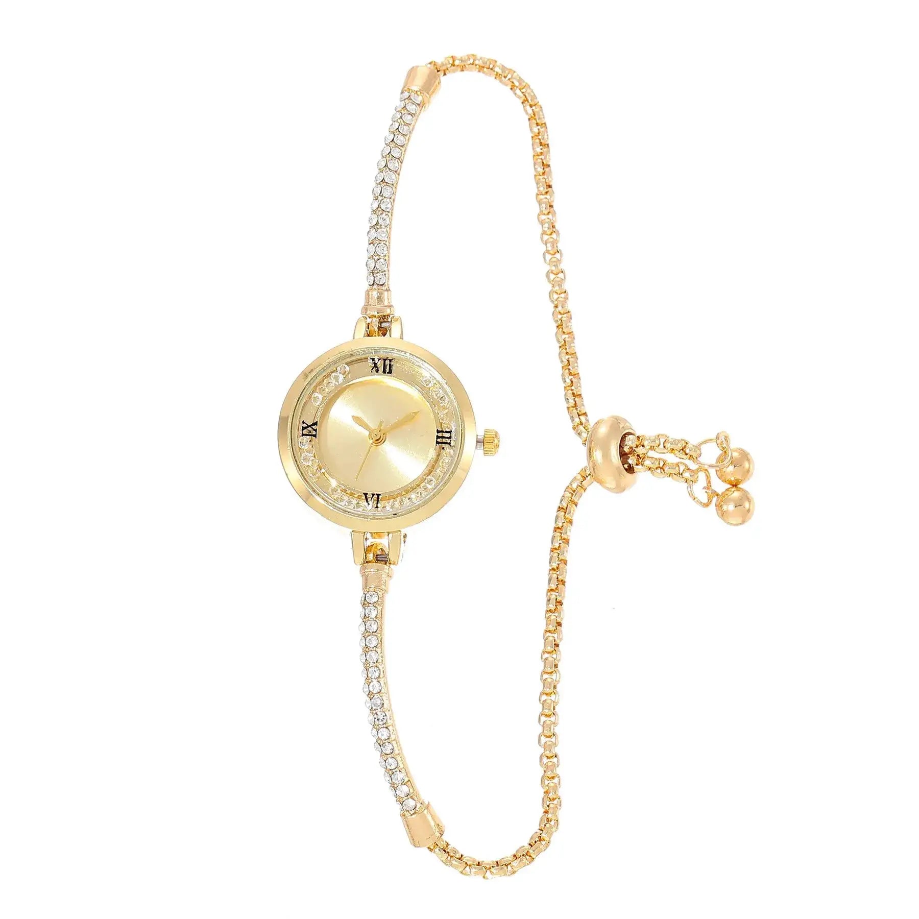 Watch, gold-tone women's bracelet with crystal-studded band and Roman-numeral dial.