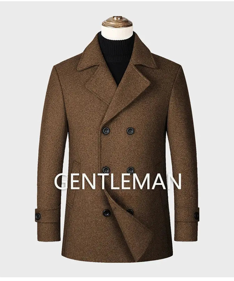 Men's brown double-breasted wool coat with Gentleman branding