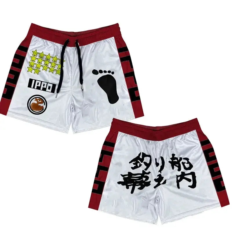 IPPO shorts two-pack: white with red waistband and red side panels, black logos and kanji, by Simples Market