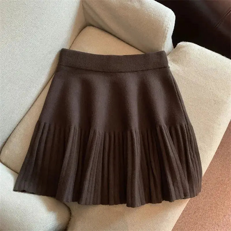 Korean Flair Pleated Mini Skirts With Knitted Design And Elastic Waist For Casual Youthful Wear