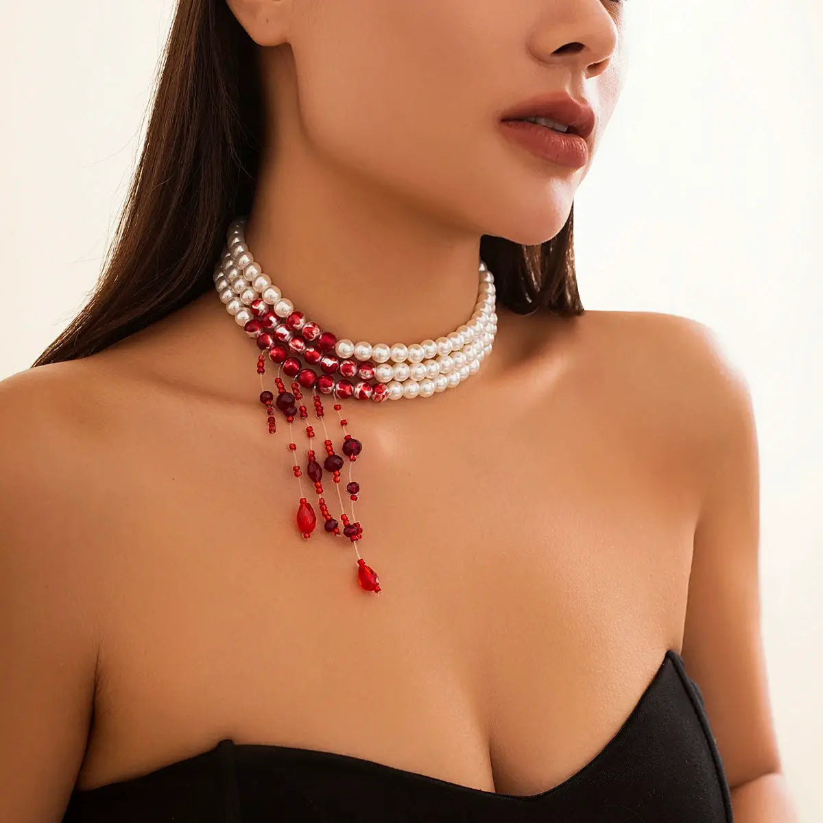 Three-strand imitation white pearl choker necklace with red bead tassel pendant, Gothic Halloween jewelry