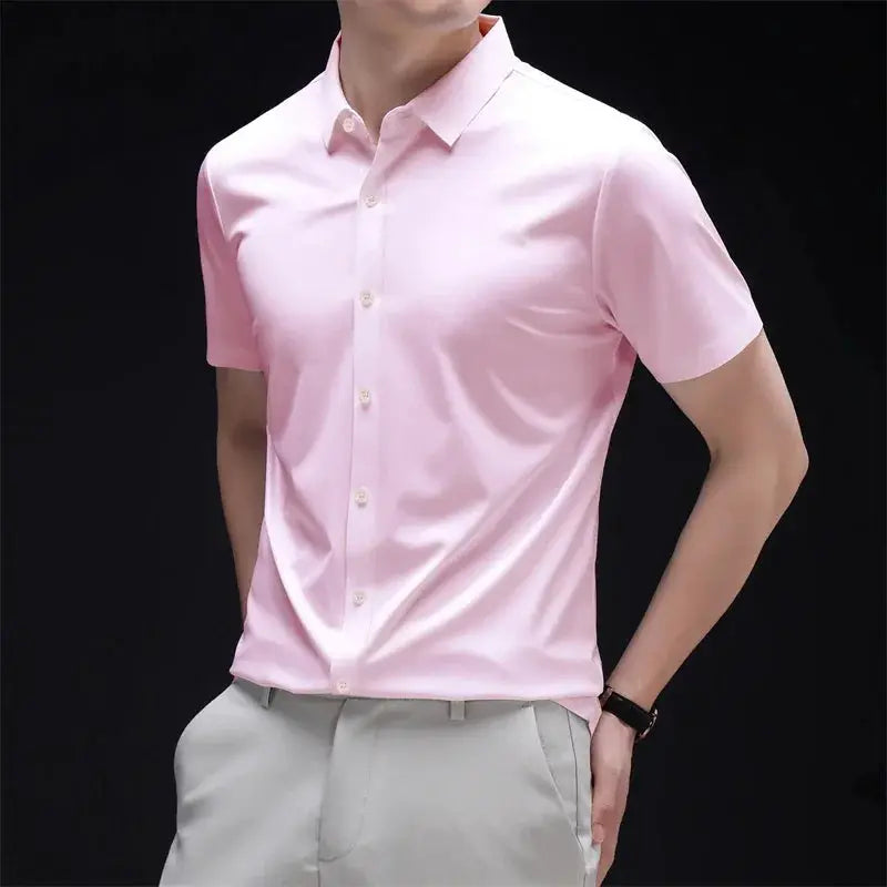 Mens Business Casual Short Sleeved Solid Color Shirt Wrinkle Resistant Wrinkle Free Comfortable All Season Versatile Top