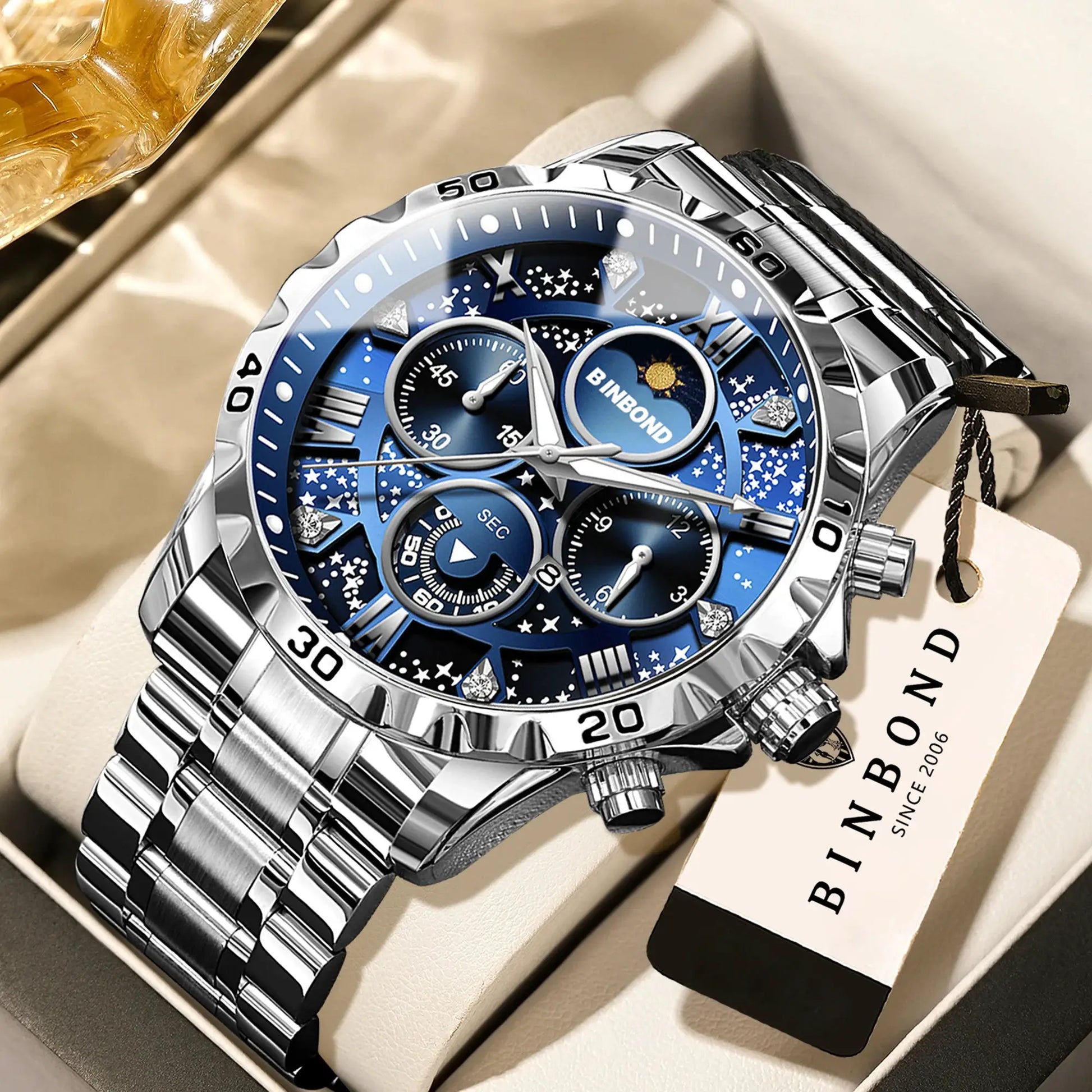 BINBOND men's stainless steel luxury quartz watch with blue dial and chronograph