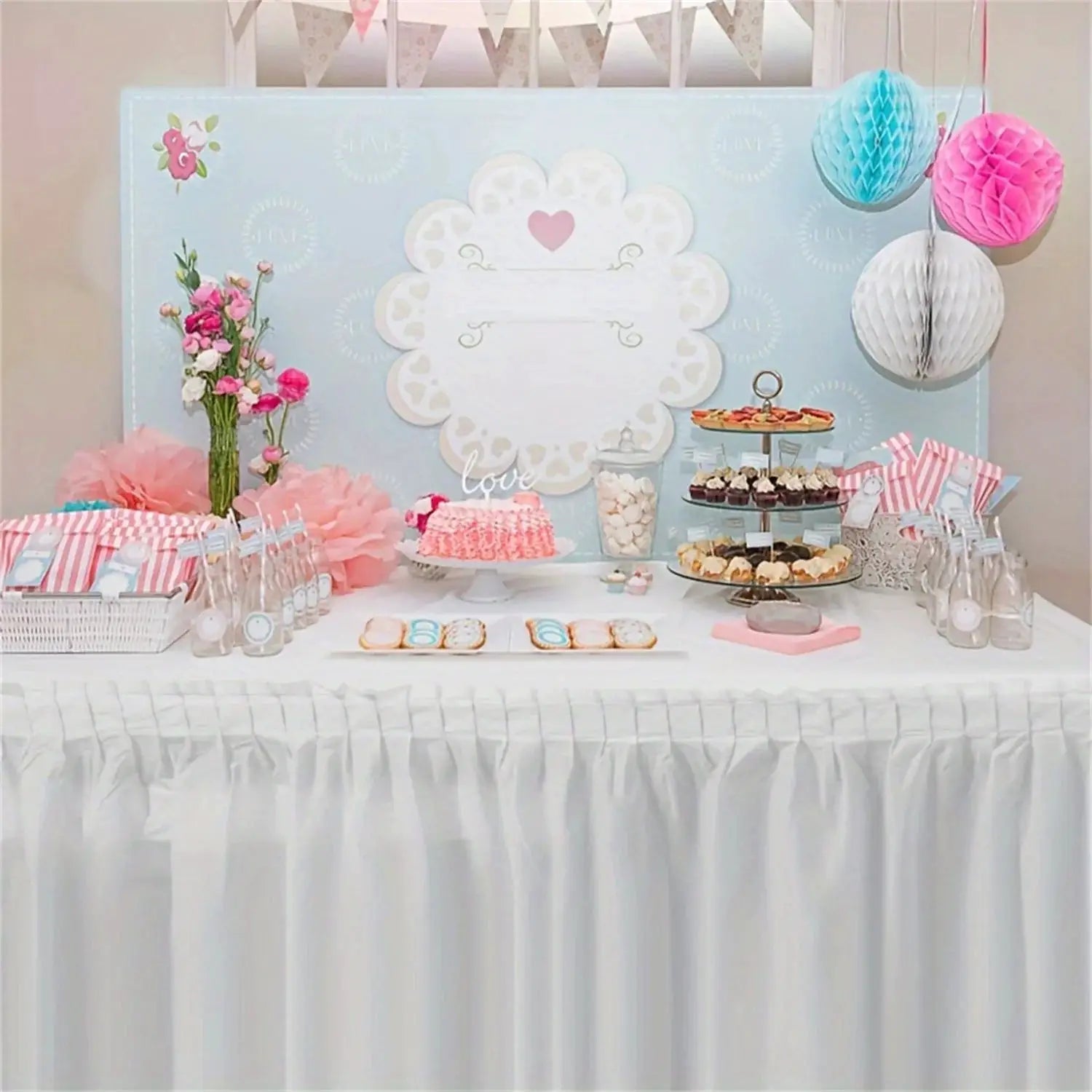 2 Piece Disposable Tablecloth Set With Long Skirting Rectangular Paper Table Covers Solid Color For Party