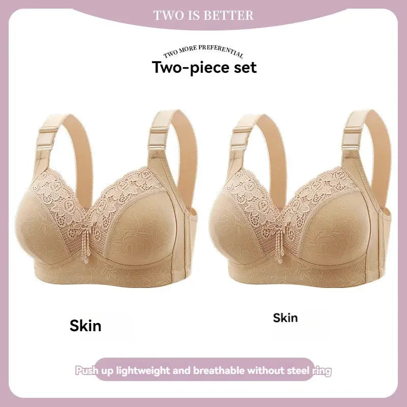 Two-piece skin-colored lace bra set with adjustable straps