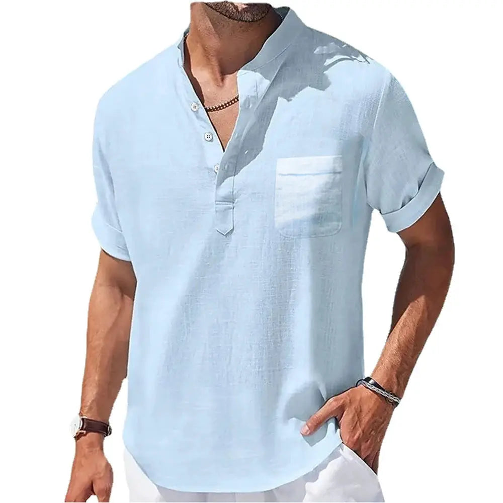 Men's light-blue breathable linen shirt with stand-up collar, loose fit, short sleeves, and chest pocket.