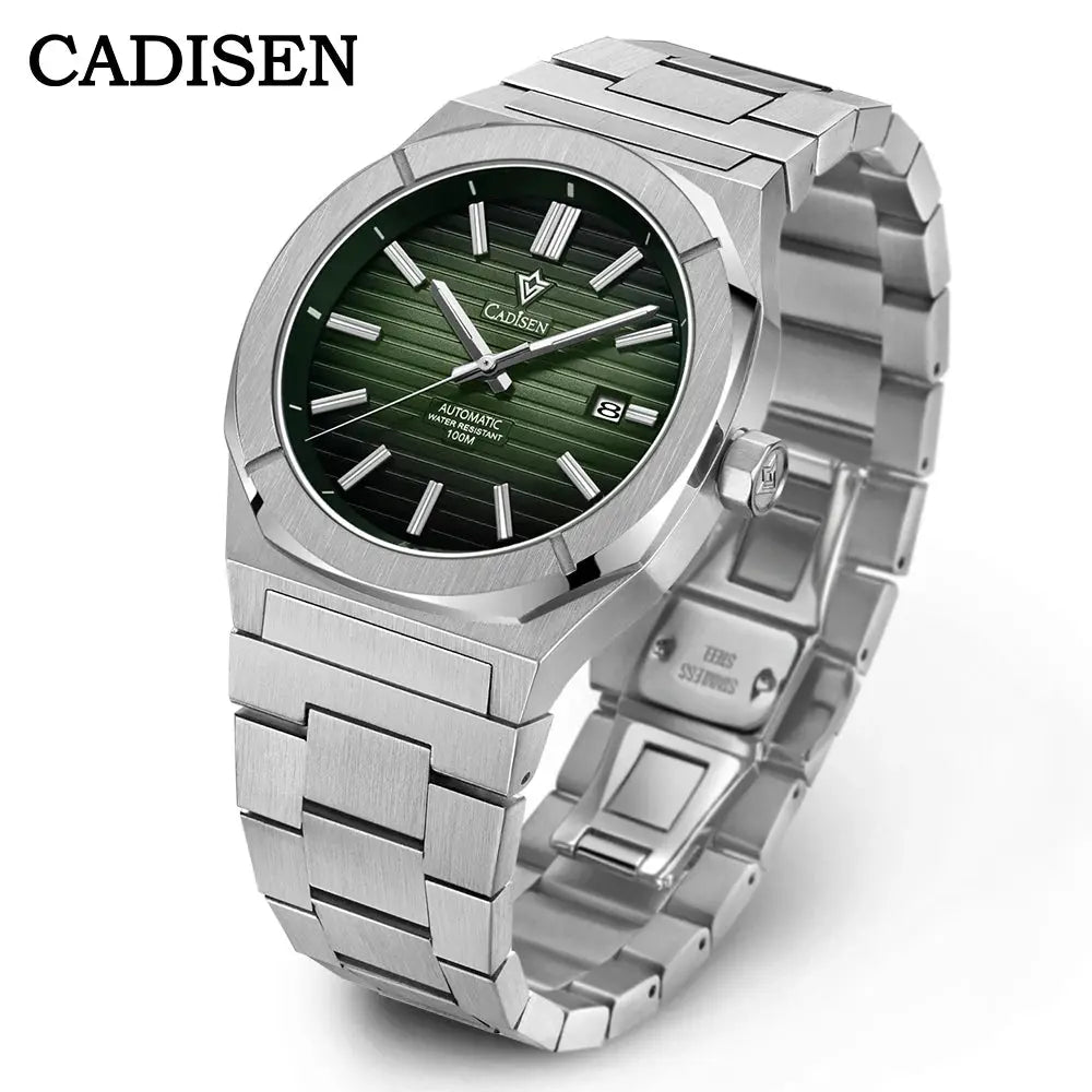 CADISEN stainless steel diver watch with green dial, date window, automatic movement, 100m water resistant