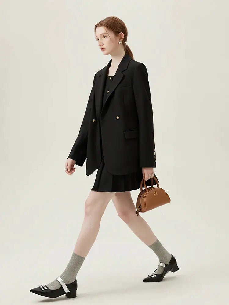 FSLE black women blazer suit set with double-breasted gold buttons, matching skirt, socks and black Mary Jane shoes.