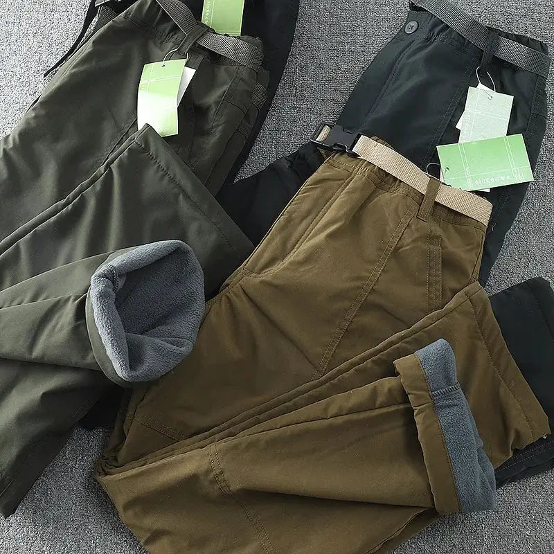 Waterproof windproof fleece-lined outdoor pants by Simples Market, men's straight-leg trousers with pockets (4 pairs).