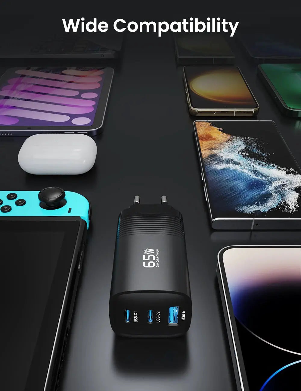 ASOMETECH GaN 65W USB-C charger with 3 ports (USB-C1, USB-C2, USB-A) in black, shown among smartphones and tablets.