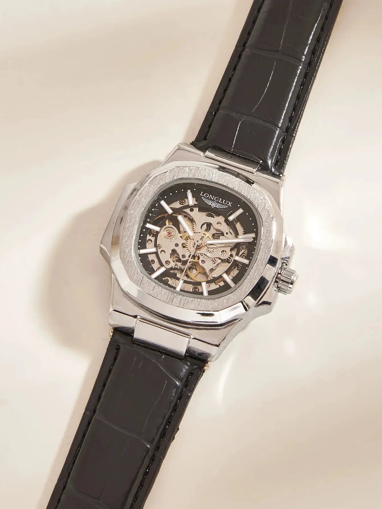 LONGLUX Automatic Mechanical Skeleton Dial Watch For Men Waterproof Outdoor Leather Strap Timepiece