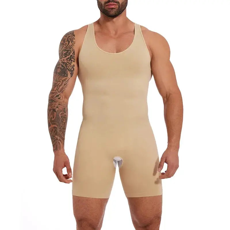 Men's full-body shapewear bodysuit, beige sleeveless compression underwear with tummy control