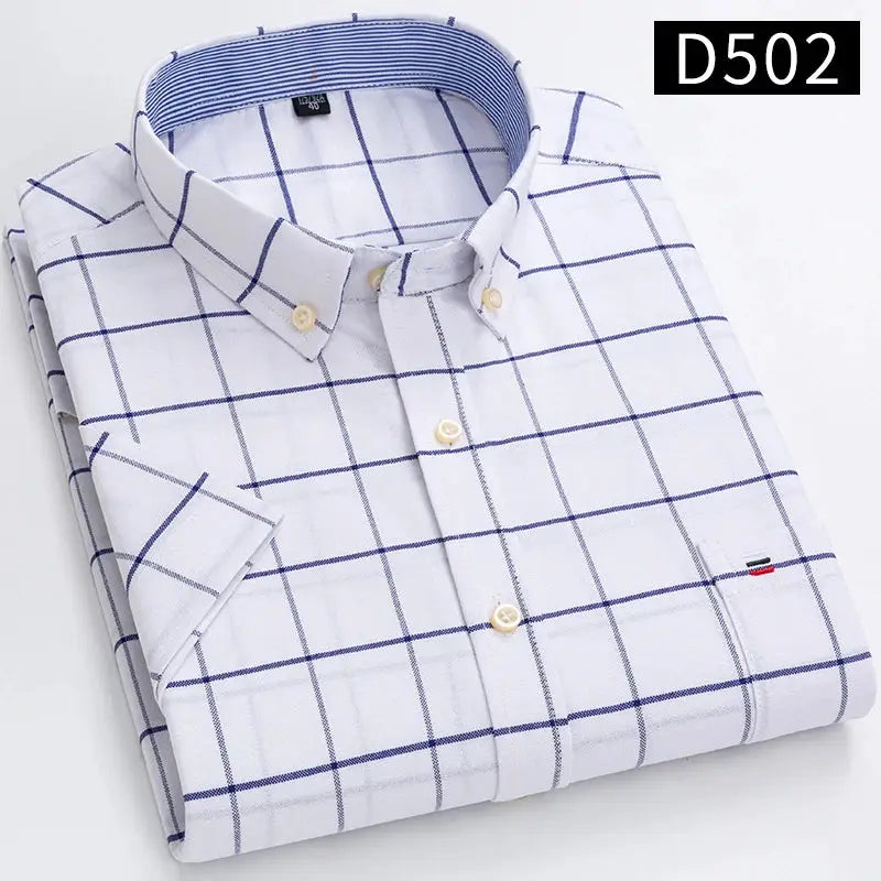 Simples Market men's oxford plaid shirt, white with blue grid, 100% cotton.