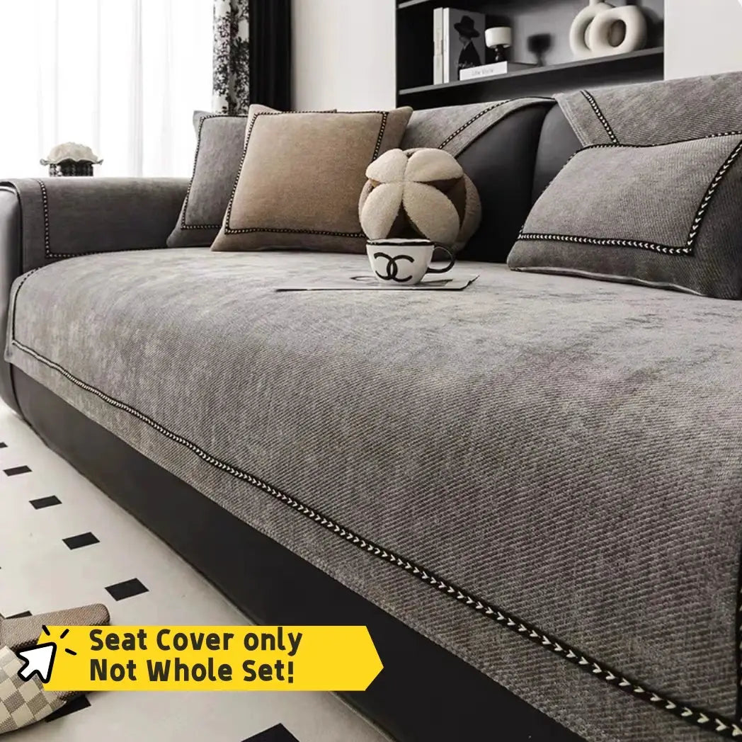 Vintage-style chenille sofa slipcover in gray with black braided trim; universal non-slip seat cover fits 1–4 seater
