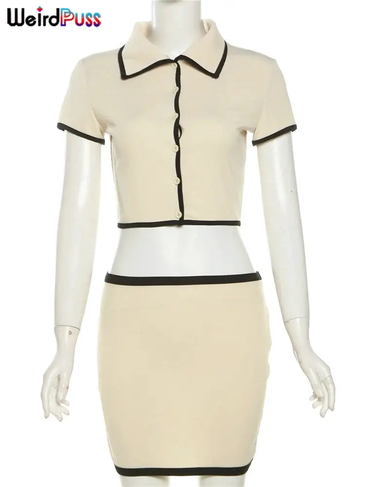 Ribbed Women Two Piece Set Polo Neck Crop Top Mini Skirt Streetwear
