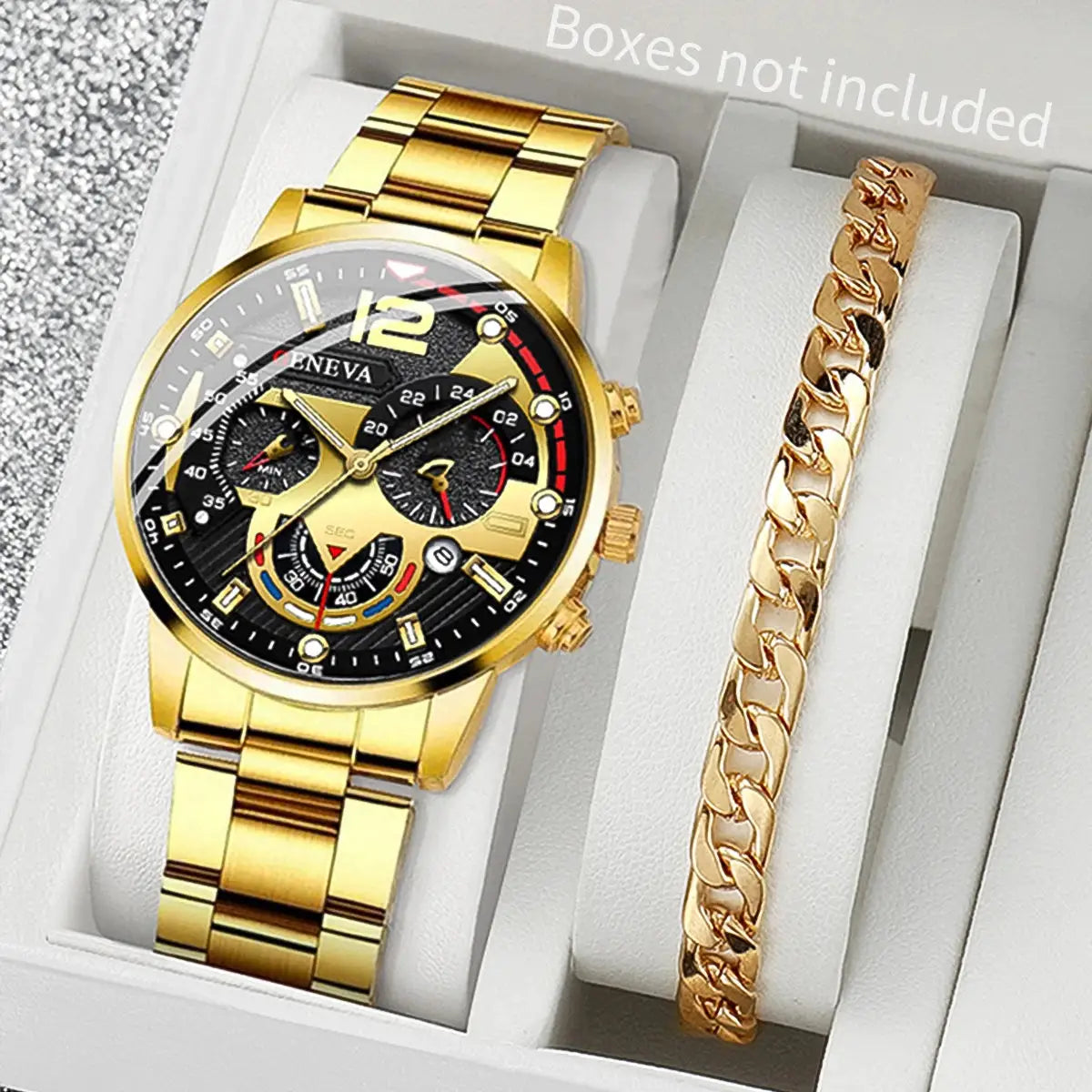 2-piece gold men's business watches set with steel band and chain bracelet, Simples Market.
