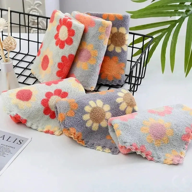 4Pcs Simples Market kitchen cleaning cloths, soft coral fleece with sunflower floral pattern, 30x30cm